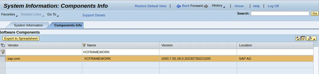 Screenshot einer SAP NetWeaver Systeminformation, die die installierte und anfällige VCFRAMEWORK-Komponente zeigt. Dies bestätigt die Präsenz der SAP Visual Composer Schwachstelle.