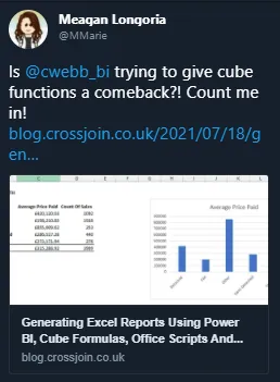 Screenshot eines Tweets von Meagan Longoria zu Excel Cube Funktionen und Office Skripten.