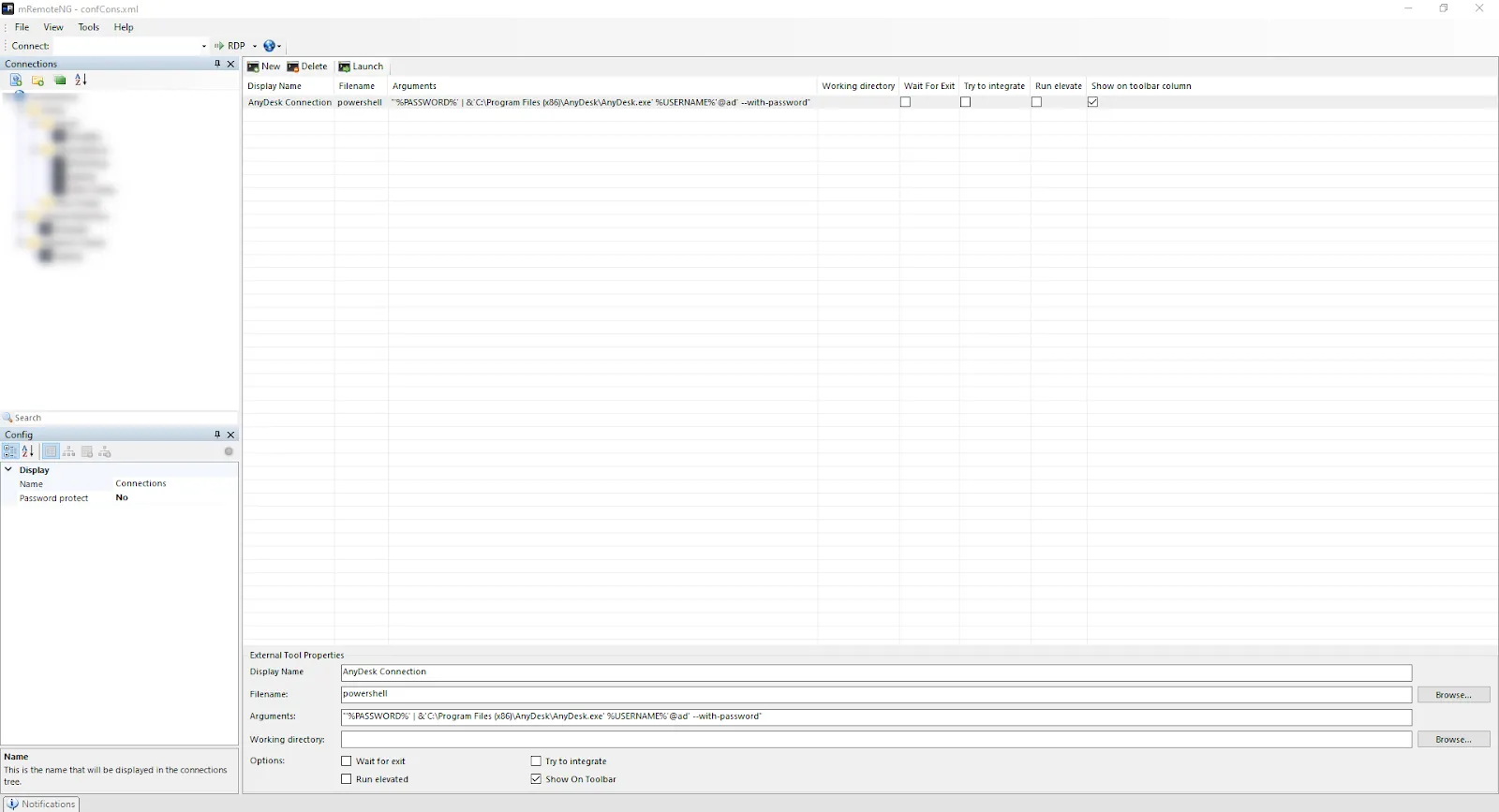 Screenshot: Konfiguration des externen Tools für AnyDesk in mRemoteNG