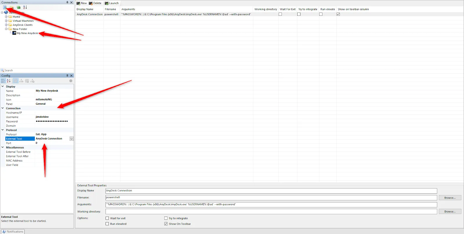 Screenshot: Neue Verbindung in mRemoteNG mit externem Tool