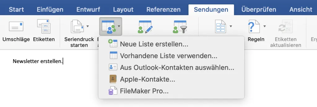 Screenshot: Optionen zur Auswahl der Empfänger für eine Outlook Serienmail, inklusive neuer Liste, bestehender Liste oder Outlook-Kontakten.