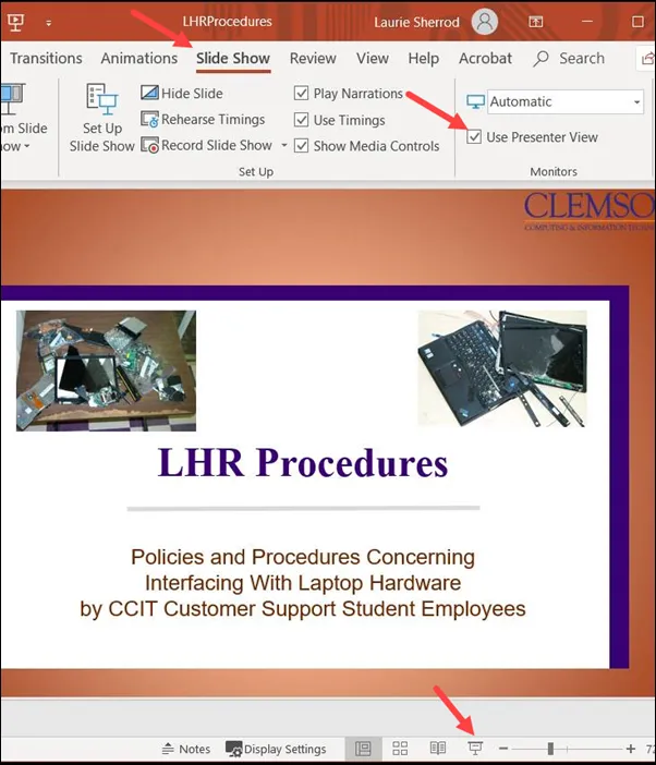 Screenshot: PowerPoint Registerkarte Bildschirmpräsentation und Referentenansicht-Option