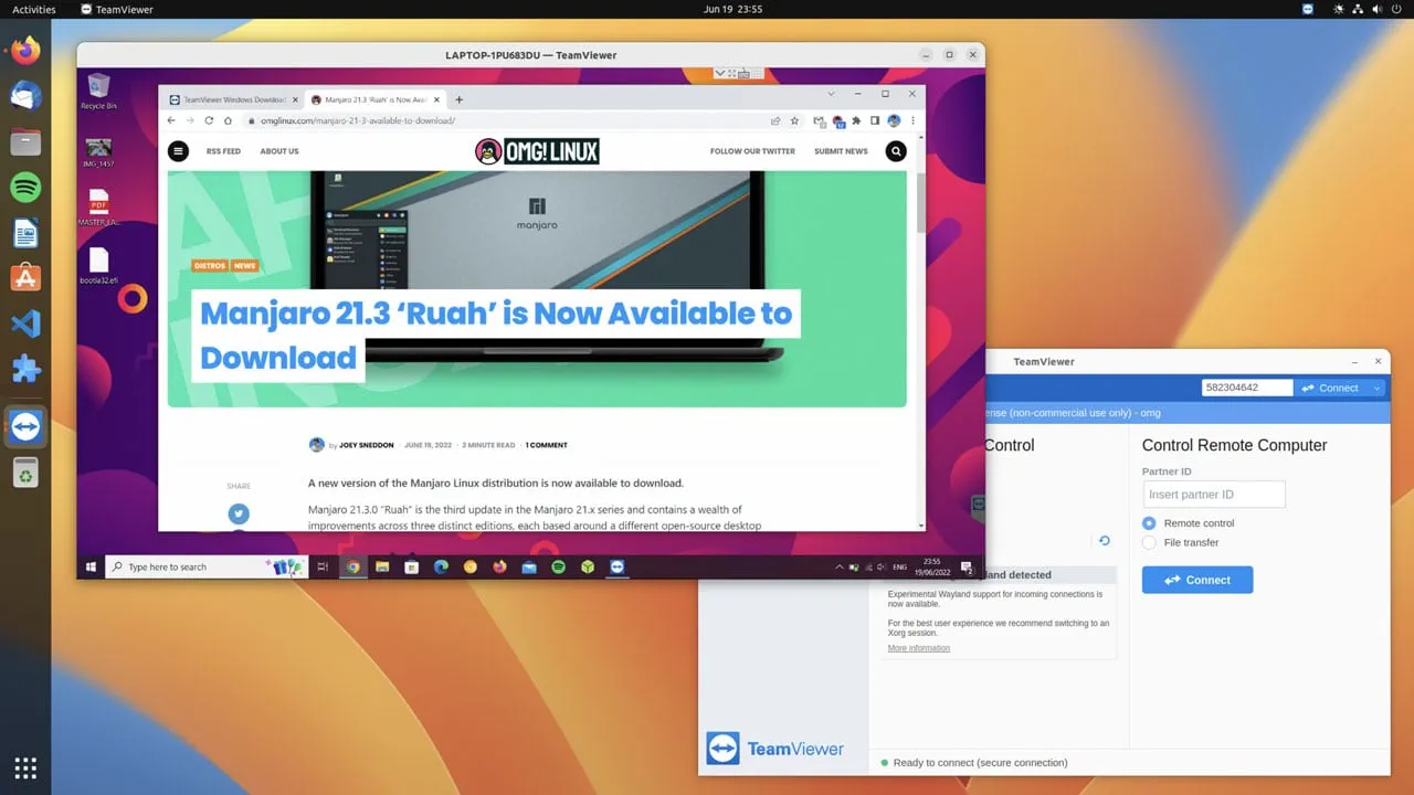 Screenshot: TeamViewer auf Ubuntu 22.04 LTS greift auf einen Remote-Windows-10-Desktop zu.