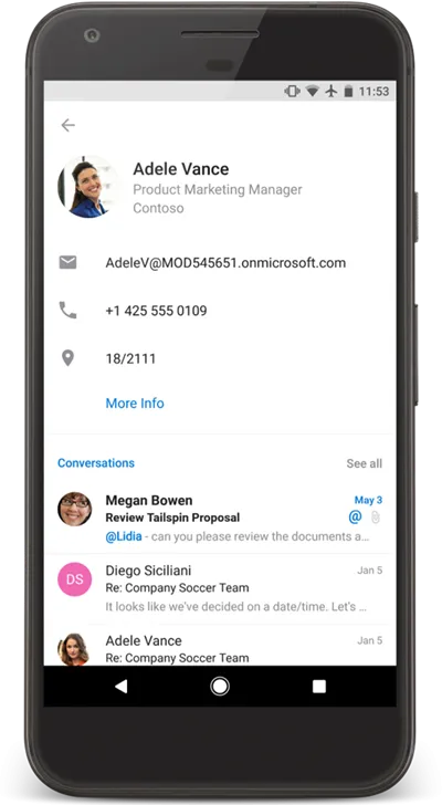 Screenshot: Überarbeitete Kontaktkarte in Outlook für Android mit Details zu Unterhaltungen und Dateien
