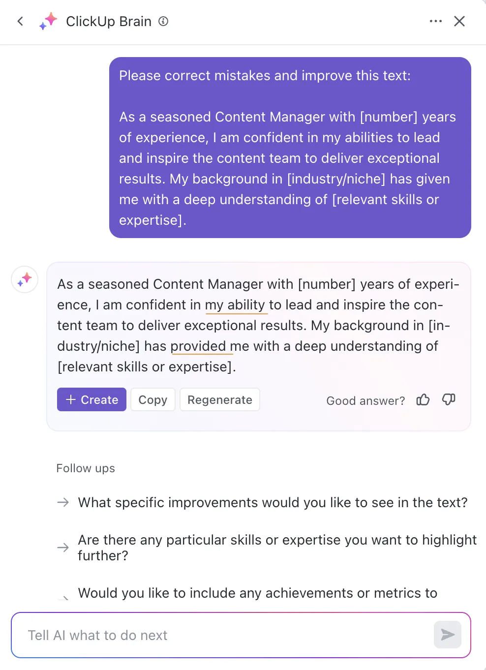 Screenshot von ClickUp Brain, das beim Korrekturlesen eines Anschreibens hilft und Verbesserungsvorschläge macht.
