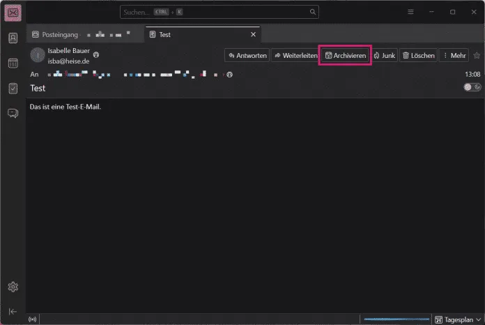 Screenshot von Thunderbird, der die Schaltfläche 'Archivieren' in der Leseansicht einer E-Mail hervorhebt.