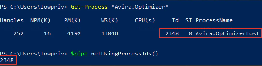 Screenshot zeigt, dass das Named Pipe "AviraOptimizerHost" von einem SYSTEM-Prozess genutzt wird und volle Zugriffsrechte hat.