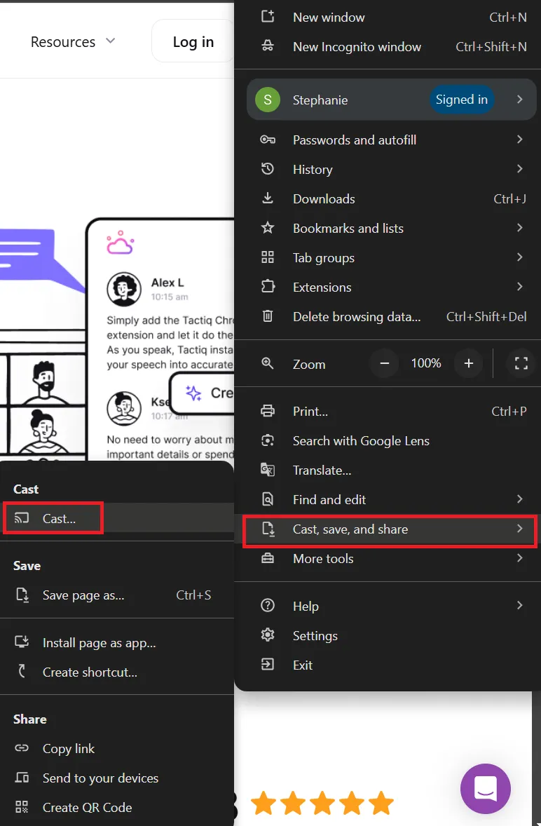 Screenshot zeigt die Option &quot;Streamen...&quot; im Chrome-Menü, relevant für das Streamen von Zoom auf Chromecast