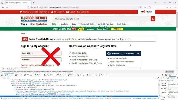 Screenshot zeigt fehlende Kaspersky Password Manager Integration in Mozilla Firefox auf Harbor Freight Webseite.