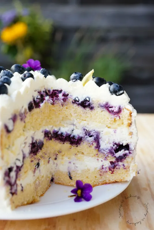 Seitliche Ansicht einer cremigen Heidelbeer-Zitronen-Torte, ein leichter und fruchtiger super Geburtstagskuchen