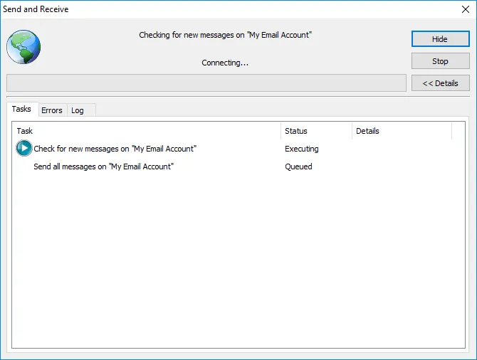 Senden- und Empfangen-Fenster von OE Classic, welches den Fortschritt der E-Mail-Übertragung übersichtlich darstellt.