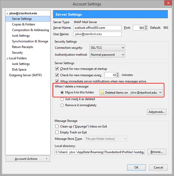 Server-Einstellungen in Thunderbird: Gelöschte Nachrichten in den Ordner 'Gelöschte Elemente' verschieben'
