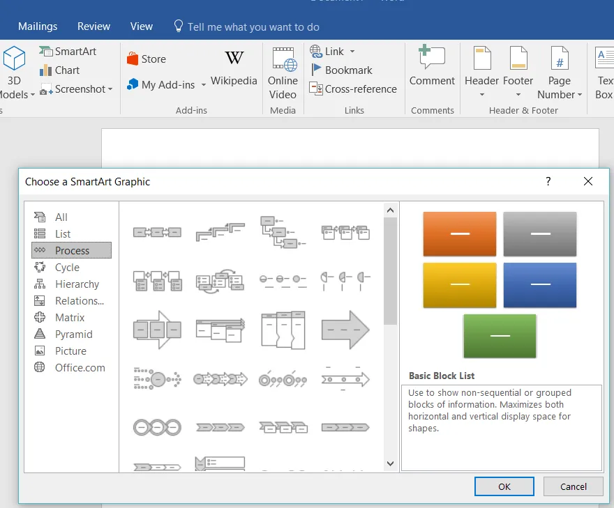 SmartArt-Grafiken-Menü zur Auswahl von Flussdiagrammtypen in Word