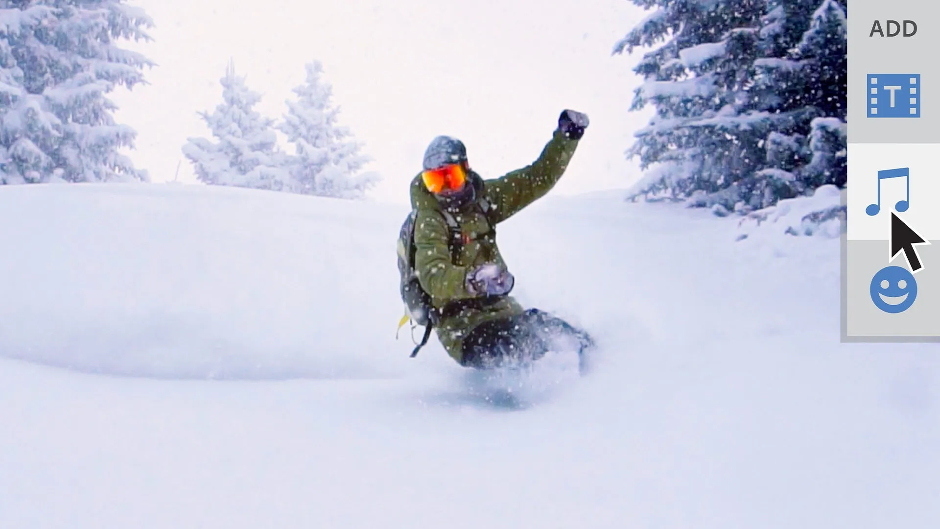 Snowboardfahrer fährt einen Hügel hinunter, perfekt für die musikalische Untermalung mit neuen Tracks in Adobe Premiere Elements 2021.