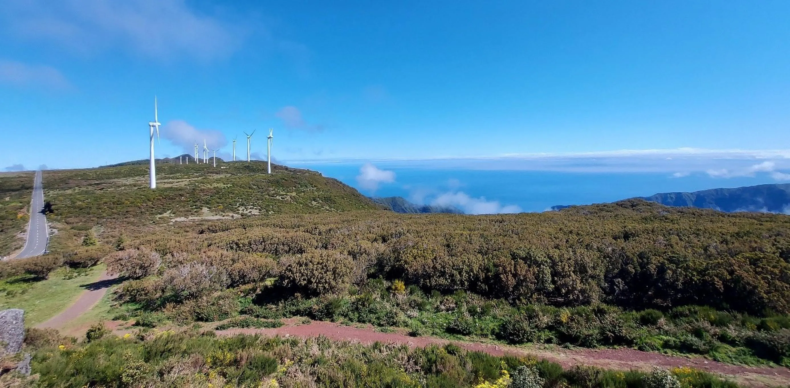 Solarmodule und Windkraftanlagen auf Madeira, die den Fortschritt der Energiewende zeigen