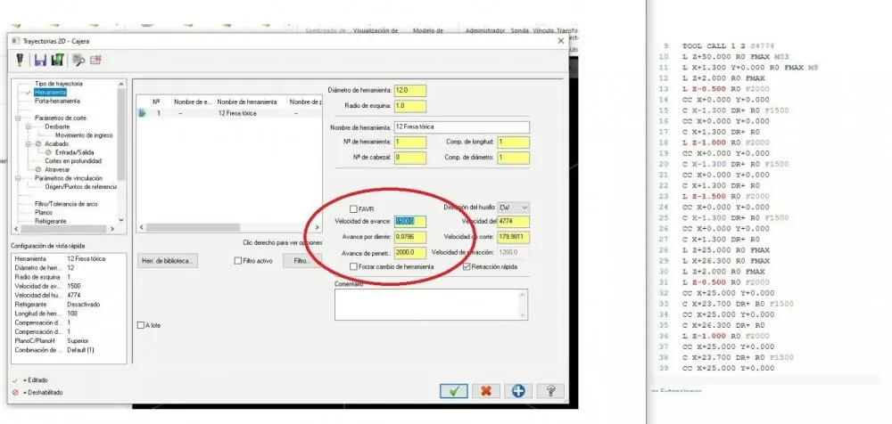 SolidCAM G-Code-Ausschnitt mit fehlendem F-Wert nach FMAX bei identischer Vorschubgeschwindigkeit.