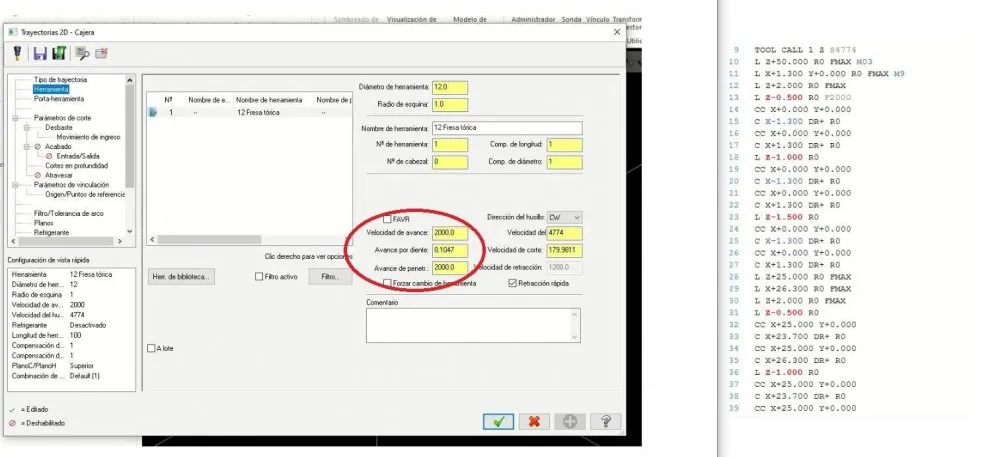 SolidCAM G-Code-Beispiel, das korrekte Ausgabe von Vorschubwerten bei unterschiedlichen Geschwindigkeiten zeigt.