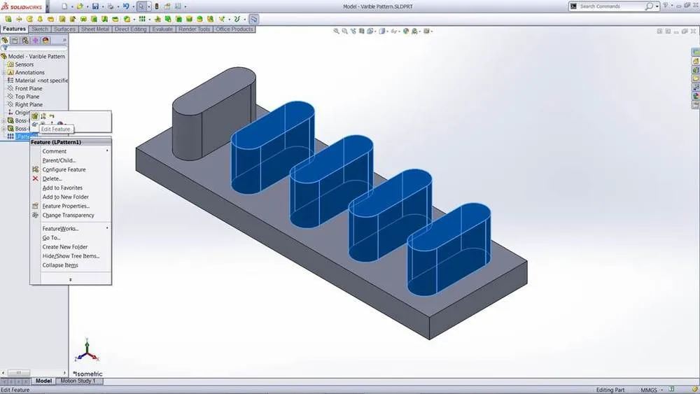 SolidWorks 2013: Lineares Muster erstellen und Instanzen zum Variieren auswählen