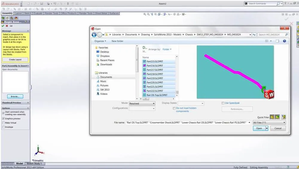 SolidWorks 2013: Mehrere Teile gleichzeitig für eine Baugruppe auswählen und einfügen