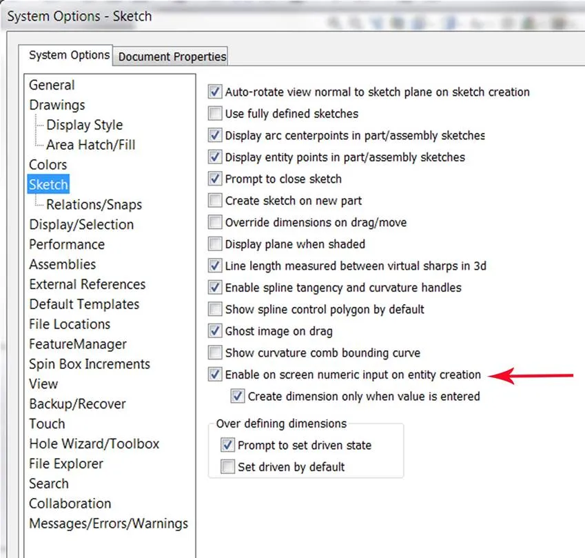 SolidWorks 2013 Systemoptionen für numerische Eingabe bei Skizzenerstellung