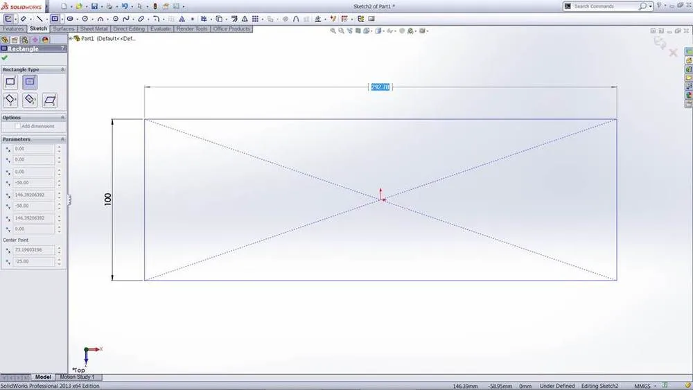 SolidWorks 2013: Zweite Dimension eines Rechtecks zur direkten Eingabe der Bemaßung