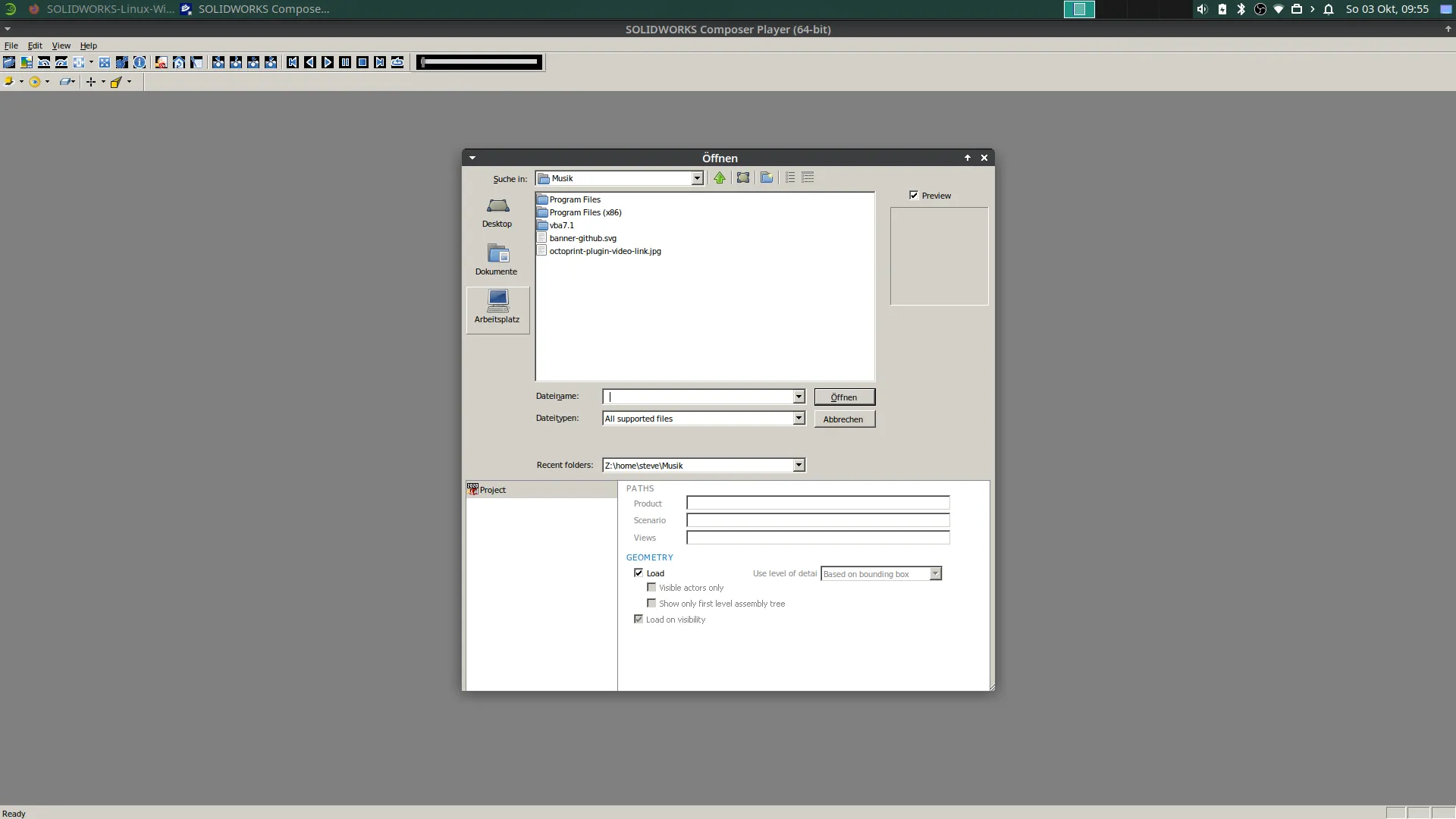SolidWorks Composer Player Dateibrowser unter Linux