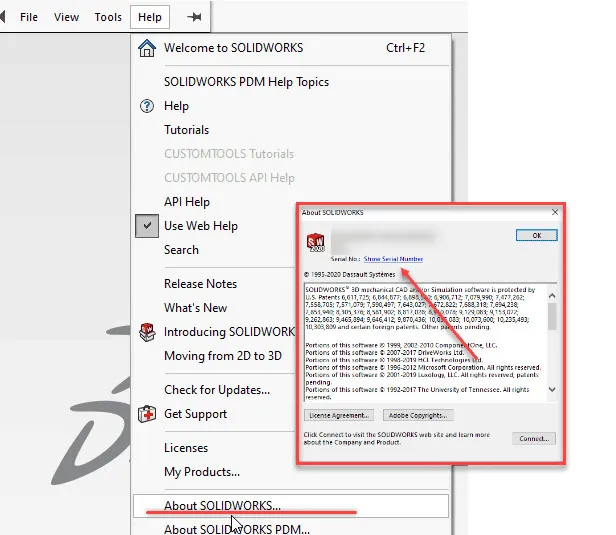 SOLIDWORKS Lizenztyp bestimmen: Screenshot zeigt, wie Sie Ihre Seriennummer finden, um SOLIDWORKS für zuhause optimal einzurichten.