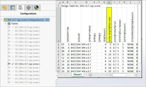 SolidWorks Maker Designtabelle in Excel, welche unterschiedliche Schraubenlängen und deren Parameter für parametrisches Design darstellt.