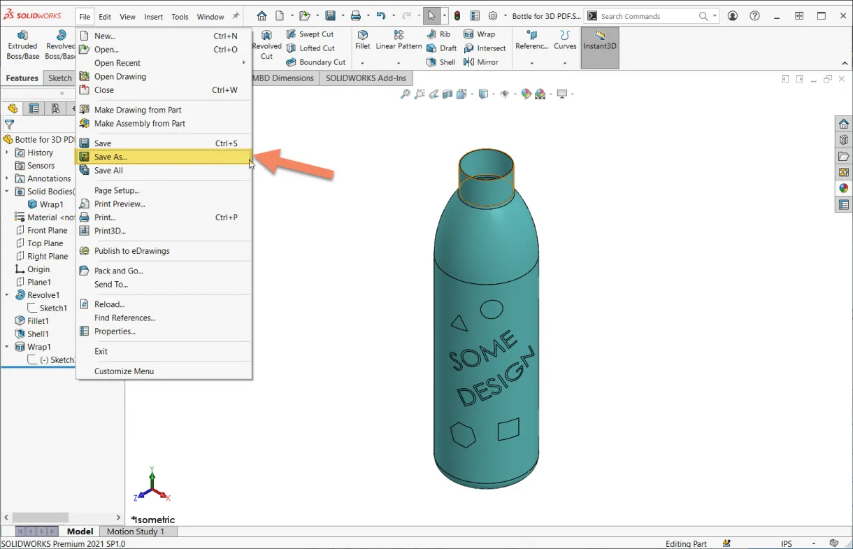 SOLIDWORKS "Speichern unter"-Dialog für 3D PDF Export