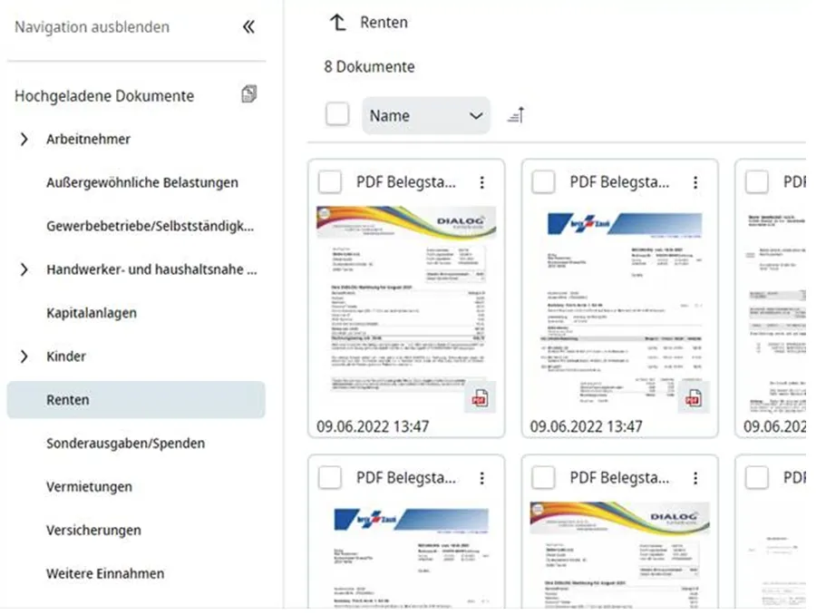 Sortierte und zugewiesene Rechnungen in spezifischen Ordnern in DATEV Meine Steuern