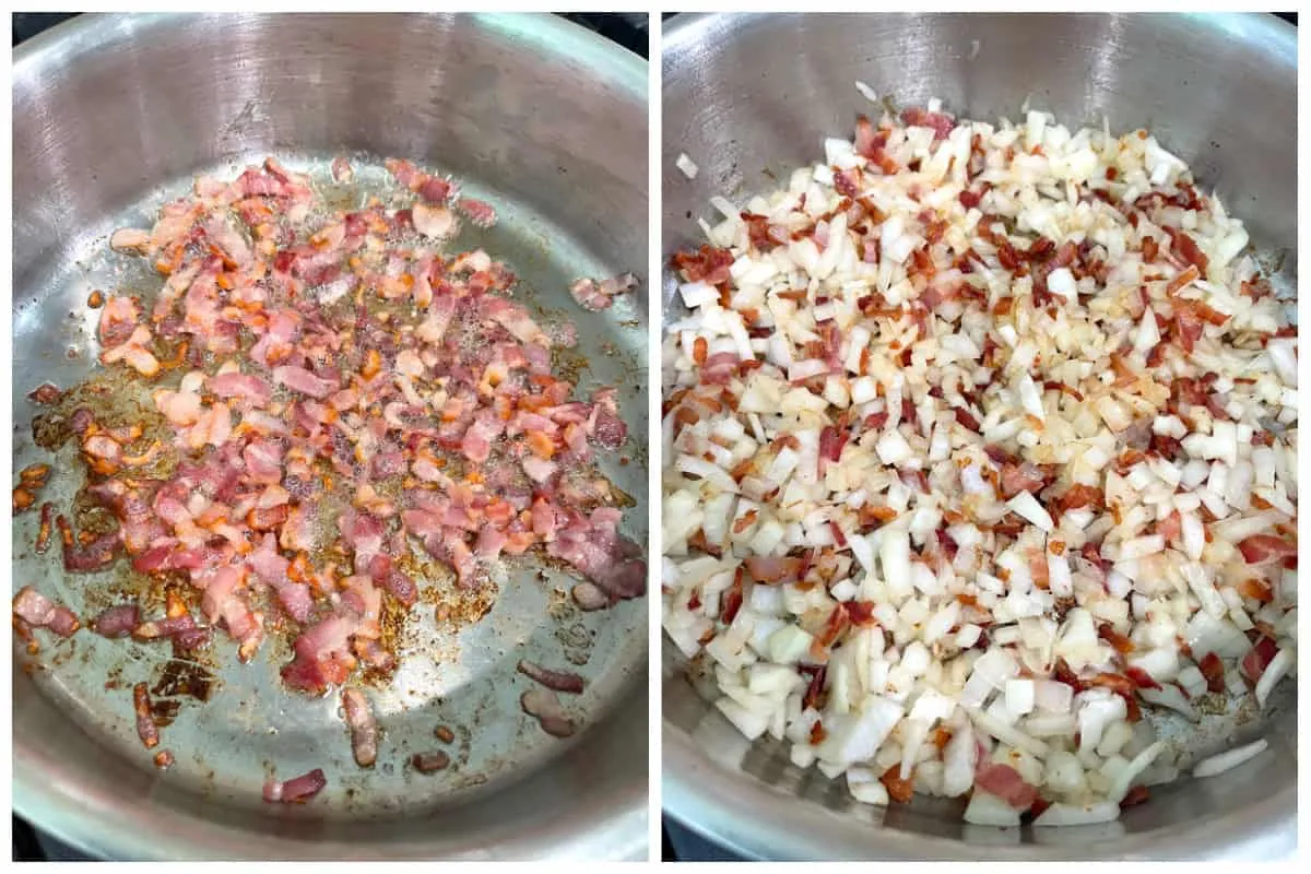 Speck und Zwiebeln werden in einem Topf angebraten