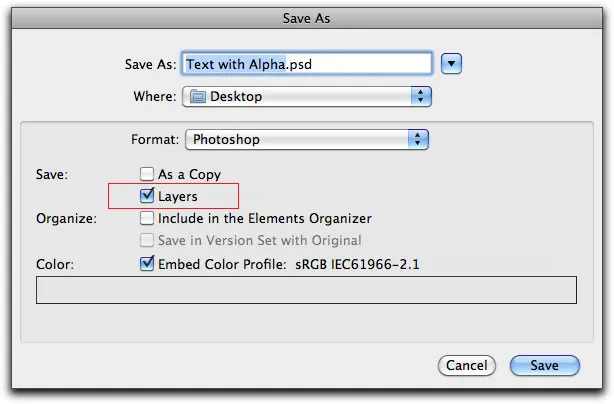 &quot;Speichern unter&quot;-Dialog in Photoshop Elements 9 für PSD-Dateien mit Ebenen