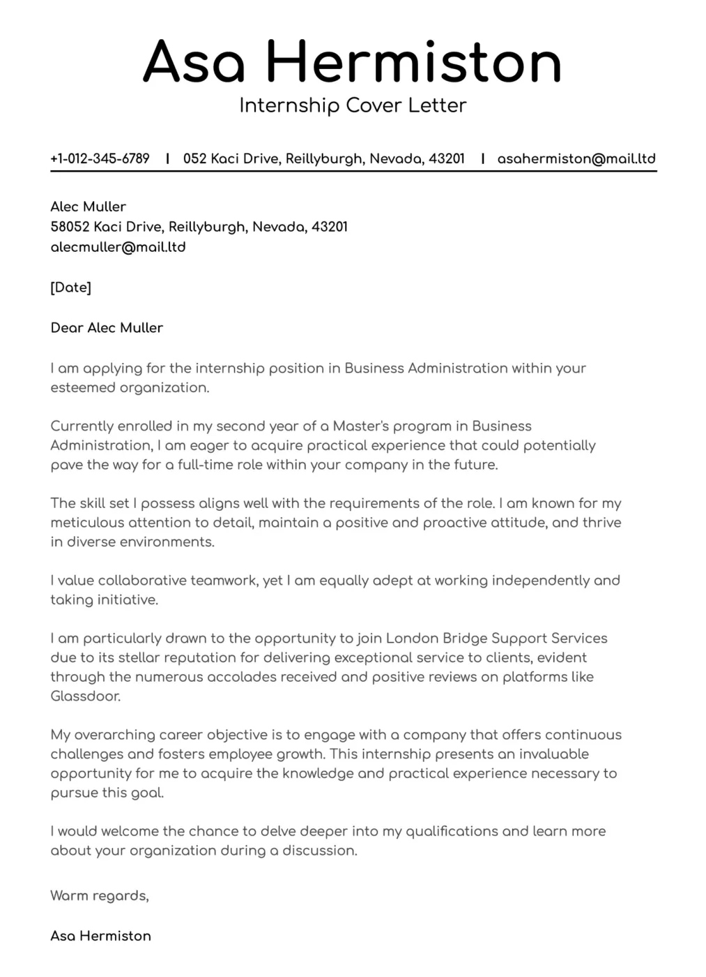 Speziell für Praktikumsbewerbungen entwickelte Vorlage, die akademischen Status und langfristige Ziele hervorhebt.