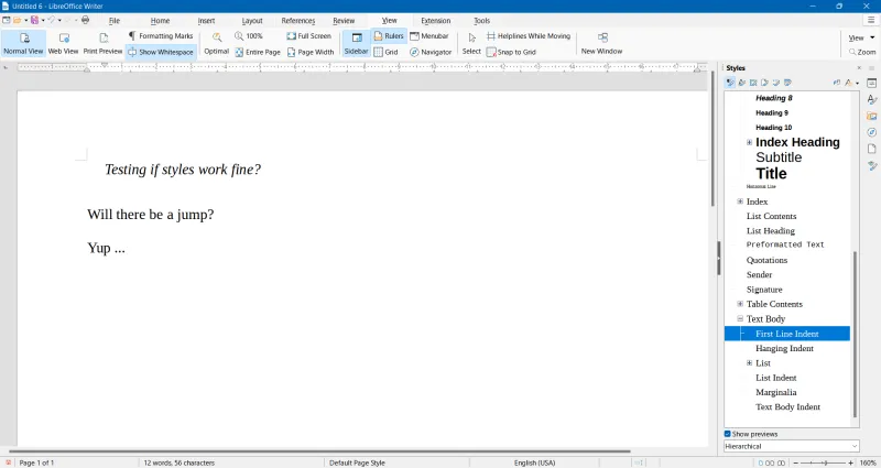 Springende Formatvorlagenliste in LibreOffice Writer 7.3.3 sidebar