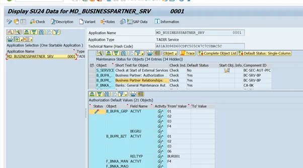 Standard-SU24-Vorschläge für den SAP Gateway Service MD_BUSINESSPARTNER_SRV