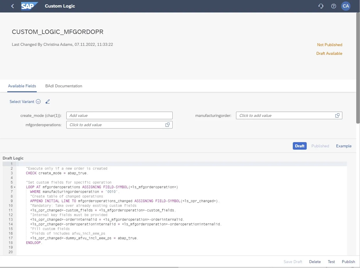 Standardcode einer neuen Custom Logic Implementierung in SAP Fiori