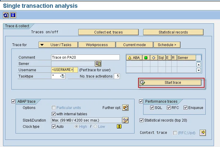 Start eines SAP ST12 Traces für einen bestimmten Benutzer oder Task