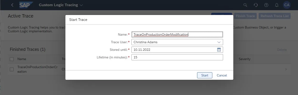Starten eines Traces für die Änderung eines Fertigungsauftrags