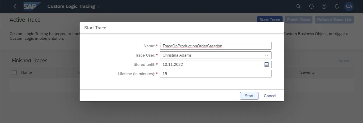 Starten eines Traces für die Erstellung eines Fertigungsauftrags in Custom Logic Tracing