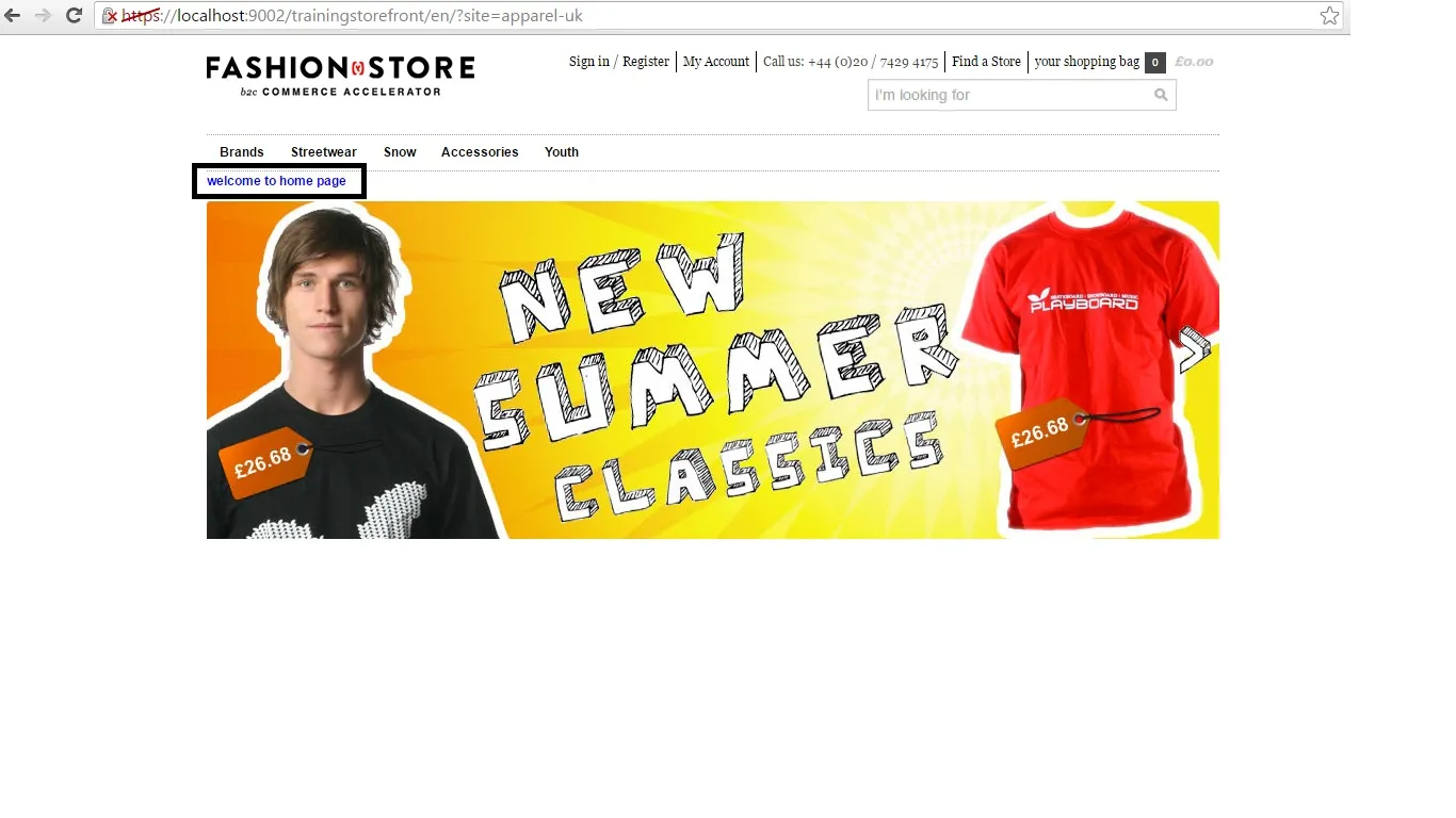 Startseite nach dem Hinzufügen der Willkommens-Komponente in Hybris CMS