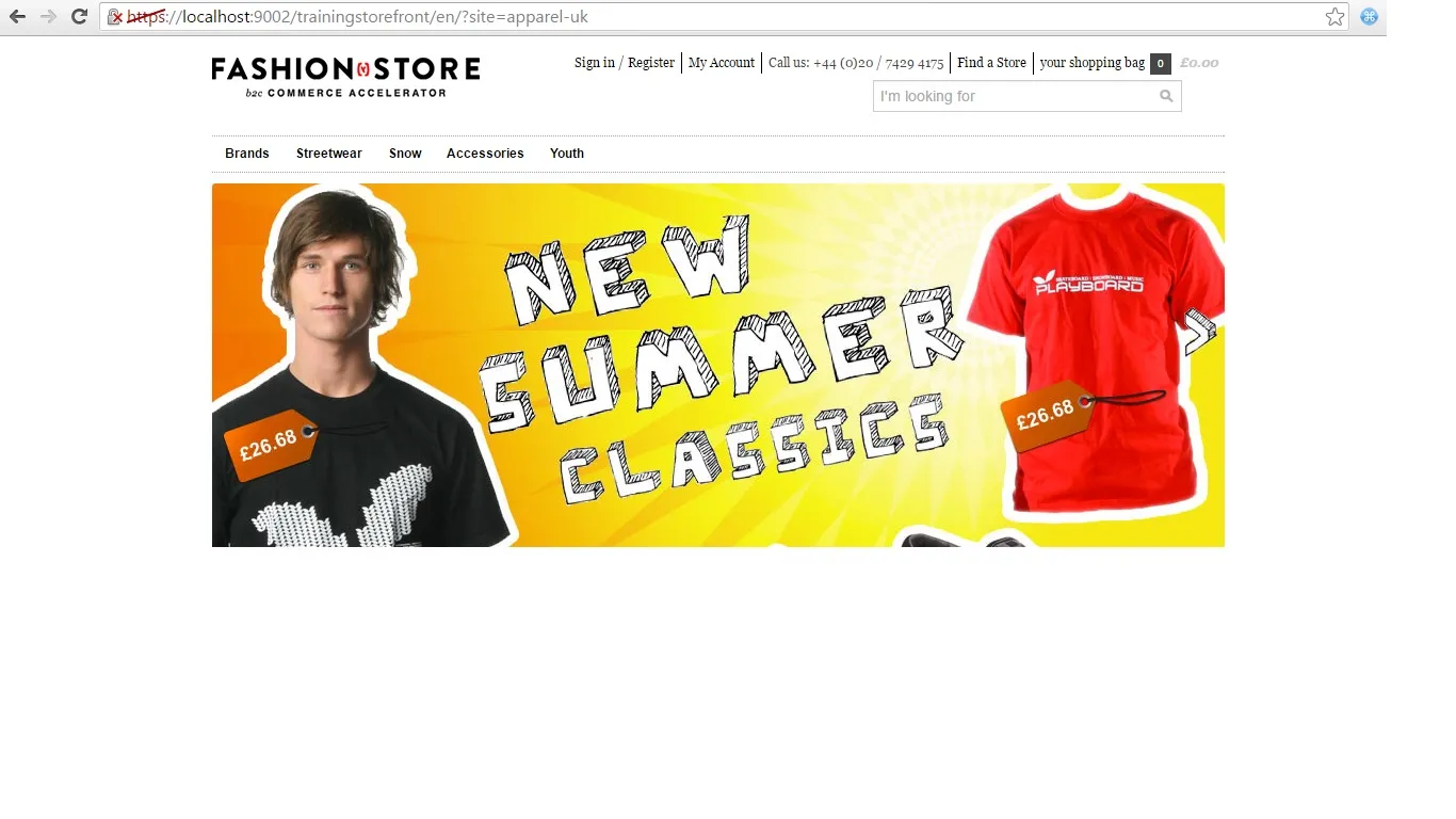 Startseite vor dem Hinzufügen der Willkommens-Komponente in Hybris CMS