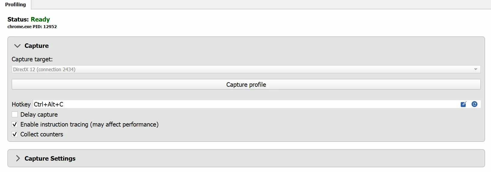 Statusanzeige "Ready" im Profiling-Tab des Radeon Developer Panel (RDP) für Chrome WebGPU