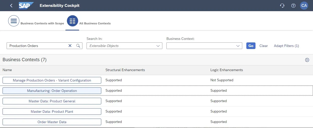 Suche nach Geschäftskontext &quot;Production Orders&quot; im Extensibility Cockpit