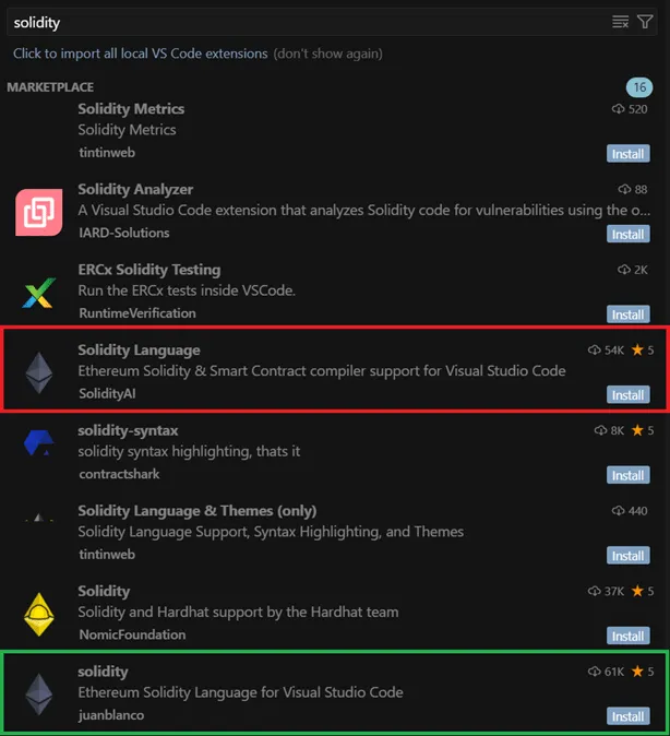 Suchergebnisse für Solidity-Erweiterungen im Open VSX Repository, mit markierter schädlicher und legitimer Option, die die Täuschung von Kaspersky Visual Studio Nutzern illustriert.