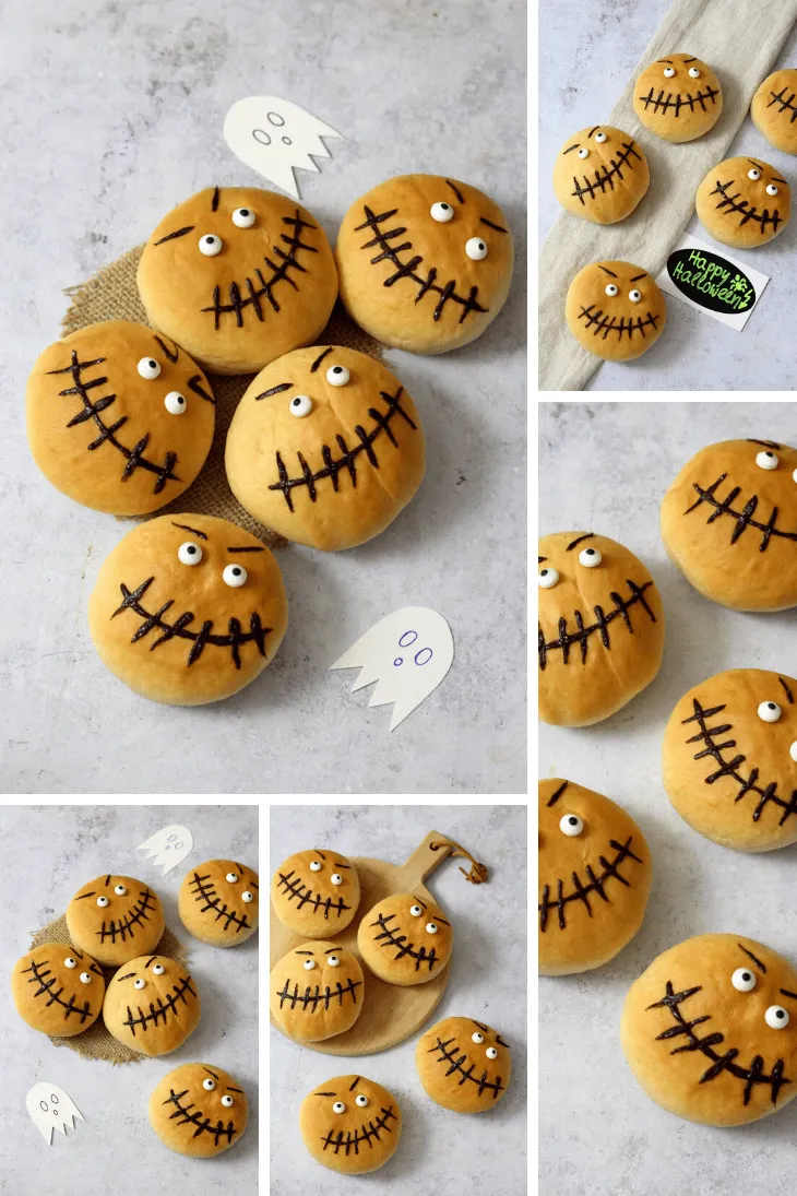 Süße Halloween Brötchen in Skelett-Form mit Zuckeraugen auf einem Backblech.