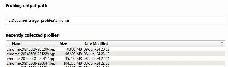 Tabelle der kürzlich erfassten WebGPU-Profile im Radeon Developer Panel (RDP)