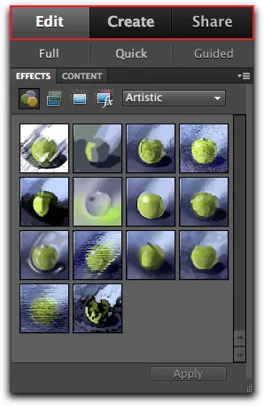 Tabs &quot;Bearbeiten&quot;, &quot;Erstellen&quot; und &quot;Teilen&quot; in der Benutzeroberfläche von Photoshop Elements 9