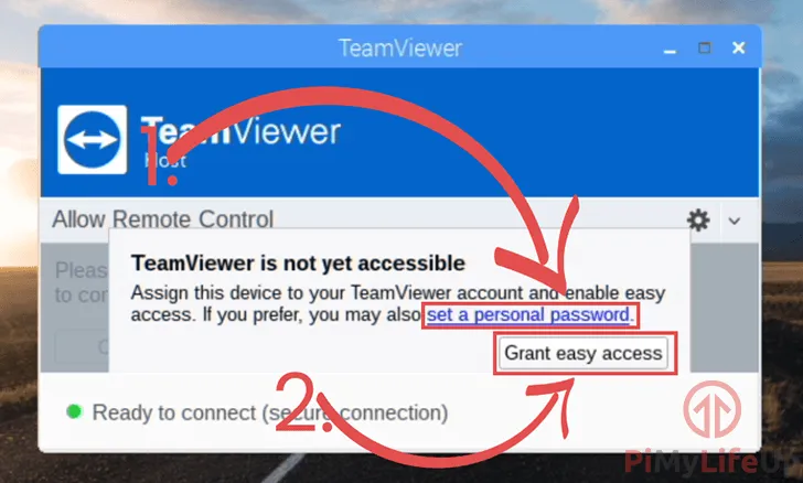 TeamViewer App Dialog zur Auswahl des Zugriffsmodus auf dem Raspberry Pi