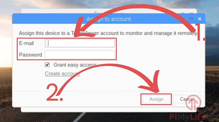 TeamViewer Dialog zur Zuweisung des Raspberry Pi zu einem Konto