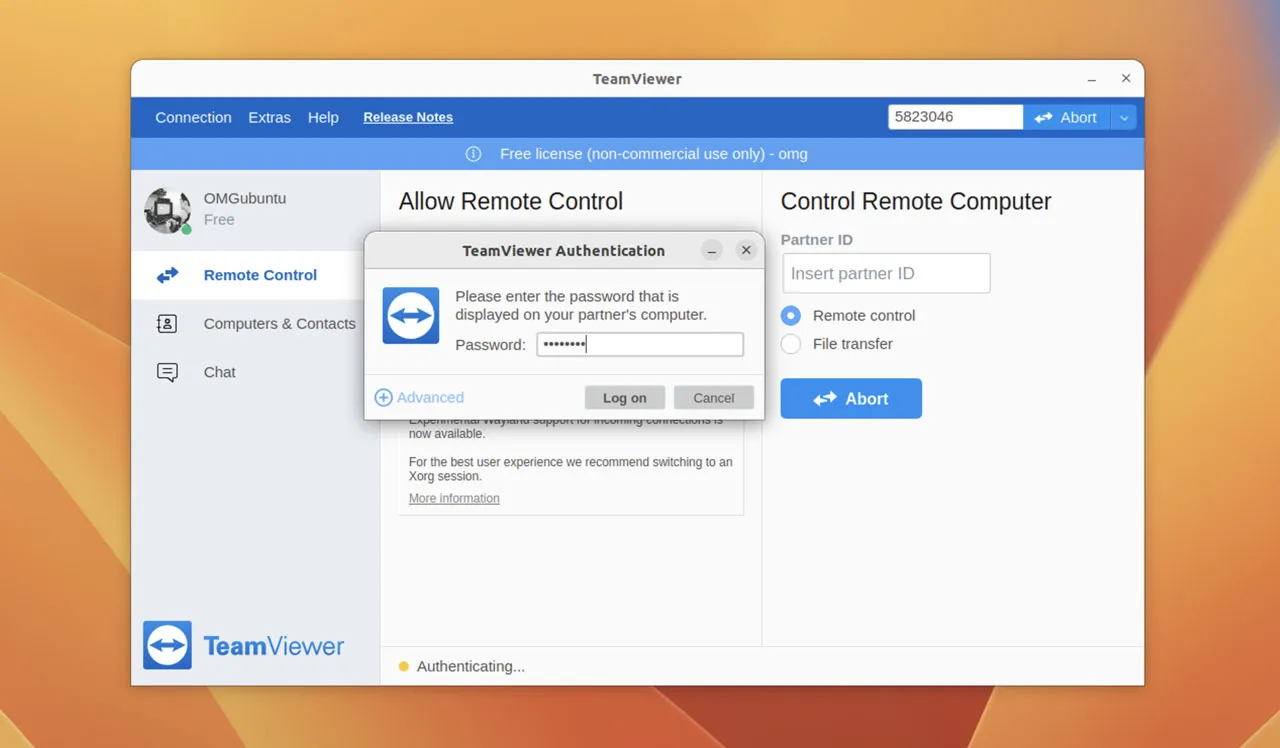 TeamViewer-Fenster auf Ubuntu zur Eingabe der Partner-ID für eine Fernverbindung.